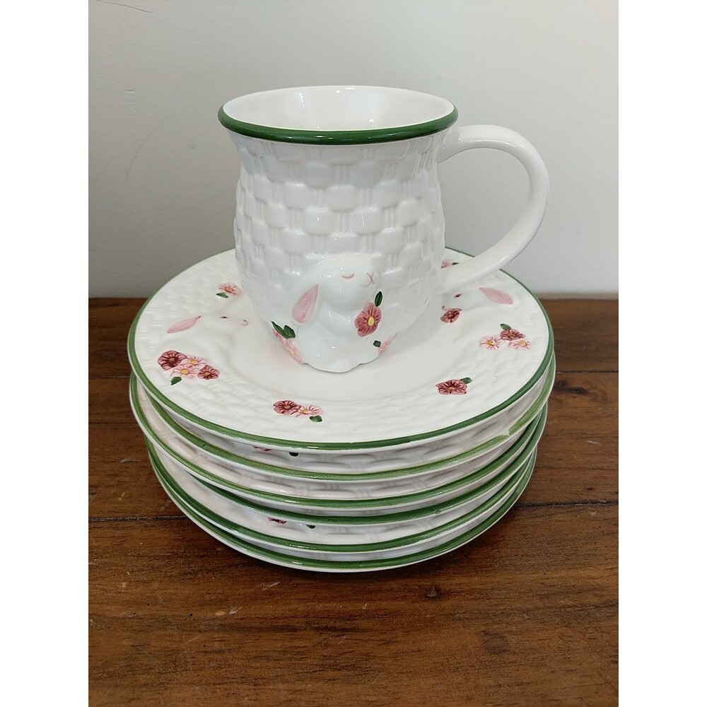 Avon Bunny Collection Six 7" Dessert Plates & 1 Mug
